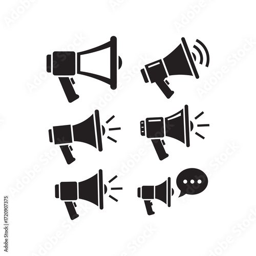 Six black and white megaphone icons in different styles, symbolizing communication, announcement, and voice.
