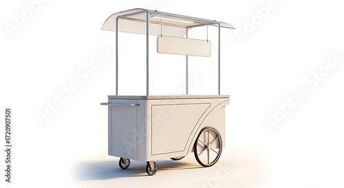 Minimalist White Food Cart with Transparent Canopy and Blank Signage on White Background.
