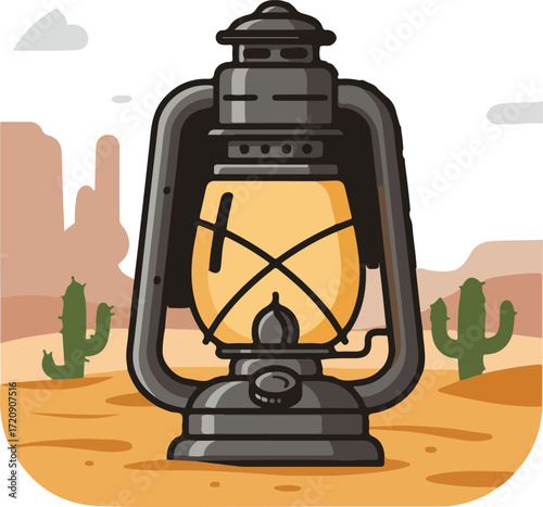 Vintage black oil lantern in arid desert suitable for rustic, vintage, or survivalthemed design projects or concepts.