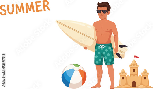 Illustration of a man with a surfboard on a beach with a ball and sandcastle during the summer season
