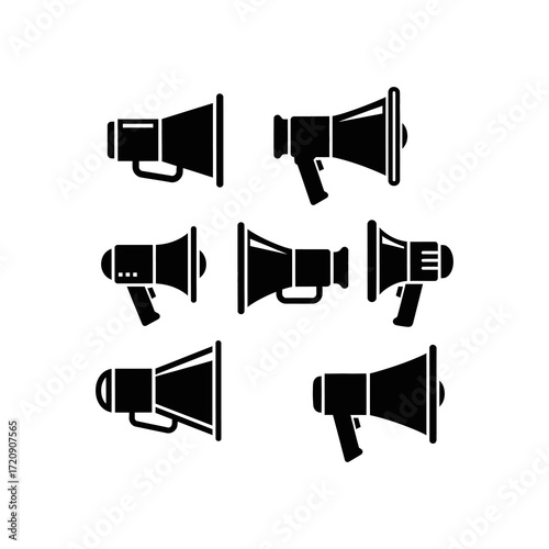 Six different black silhouettes of megaphones, various designs, displayed against a white background.