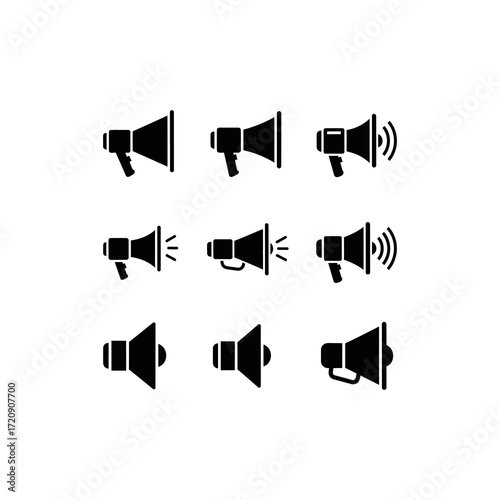 Collection of nine simple megaphone icons, various angles and sound wave depictions.