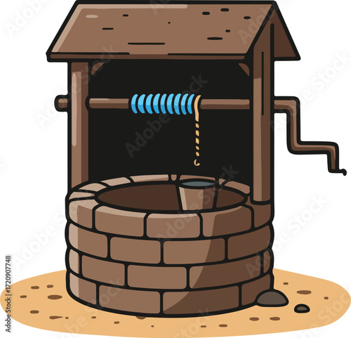 Brown brick well with a roof and crank handle. Great for historical, architectural, rural, or vintagethemed designs or publications.