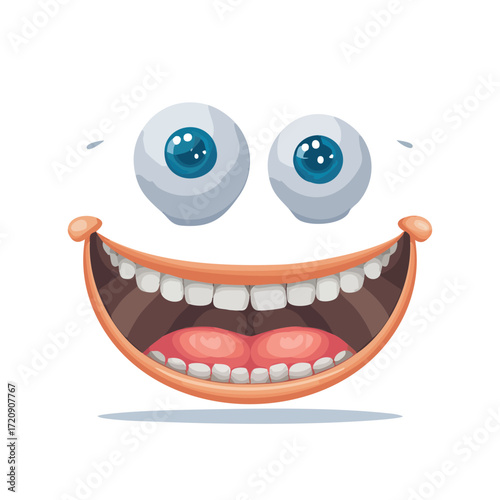 A highly detailed, cartoonish, wide-open mouth with a big smile, showing many teeth and a red tongue, with two large, cartoony, googly eyes looking upwards and slightly sideways