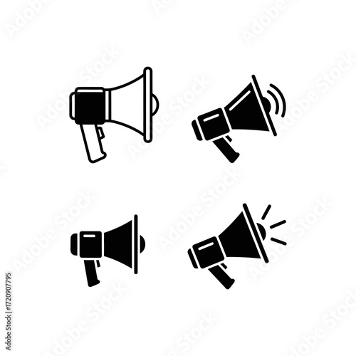 A collection of four black megaphone icons, featuring both outline and solid glyph styles, with and without sound wave symbols.