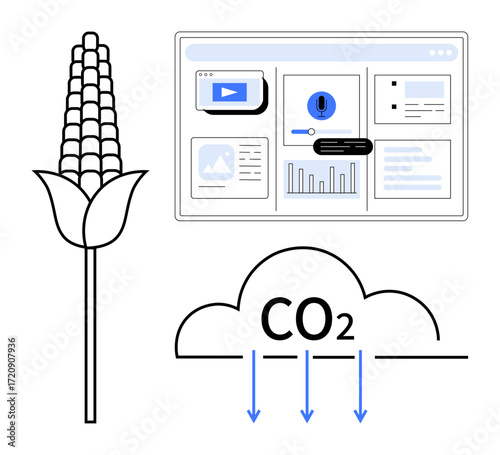 Corn plant beside analytics dashboard showing charts, graphs, and data insights with CO2 cloud illustration. Ideal for farming technology, sustainability, environment, agriculture, carbon capture