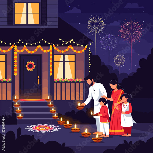 Indian family celebrating Diwali festival with fireworks and diyas.