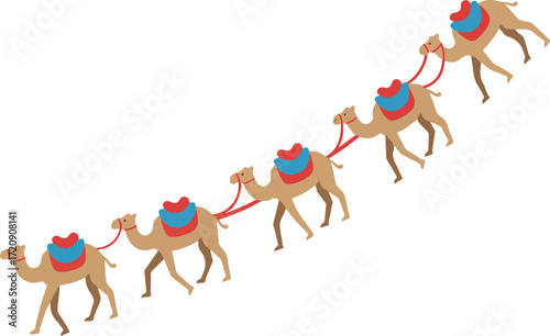 Line of five camels linked together walking, perfect for travel blogs, desertthemed designs, adventure posters, or cultural publications.