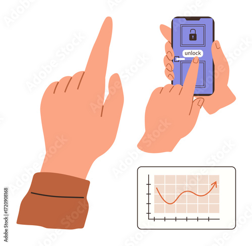 Finger tapping smartphone to unlock security screen, rising line graph symbolizing growth, progress, and effort. Ideal for success, progress, technology, business, growth security simplicity