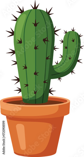 Green cactus in terracotta pot, suitable for desertthemed designs, gardening blogs, home decor posters, and plantrelated publications or social media posts.