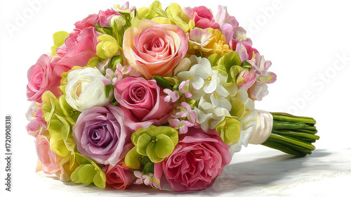 A bouquet of flowers with pink, white, and yellow flowers. The bouquet is arranged in a way that makes it look like a wedding bouquet
