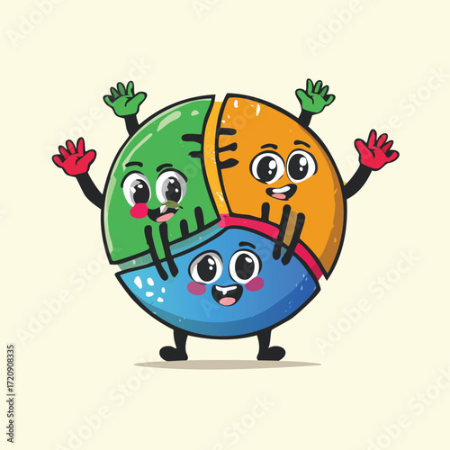 A cute kawaii pie chart mascot character waving happily. A friendly business data visualization graphic for presentations and reports