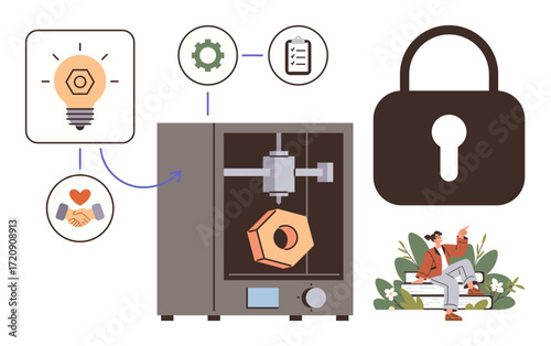 3D printer creating object connected to idea, gear, contract, handshake, large lock symbol, seated team collaboration. Ideal for innovation, security, technology collaboration creativity teamwork