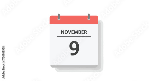 Stylized Calendar Illustration Depicting November 9th Against Clean Backdrop Detailing a Single Day Event Marking