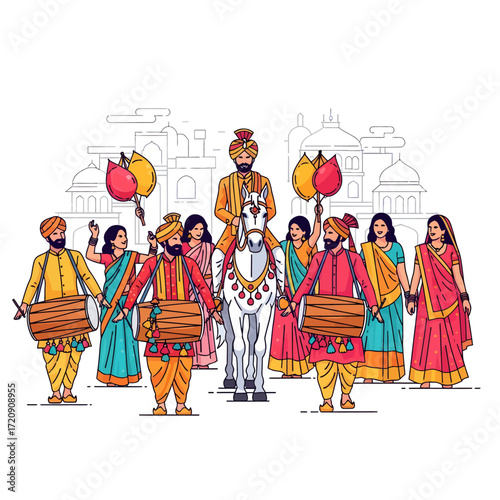 Illustration of a Sikh wedding procession with a groom on a white horse and musicians.