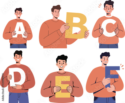 Cheerful People Holding Letters A, B, C, D, E, and F - Educational Alphabet Learning Concept