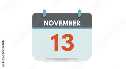 Stylized single calendar icon representing the date November 13th for reminders and scheduling vector design plan
