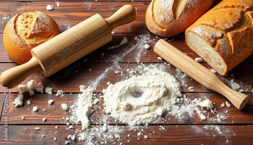Rustic wooden table with scattered flour, rolling pin, and bread loaves, flour, dough