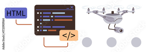 Code editor linked to quadcopter featuring camera and propellers, representing programming, robotics, and AI. Ideal for technology, automation, innovation, software development coding quadcopters AI