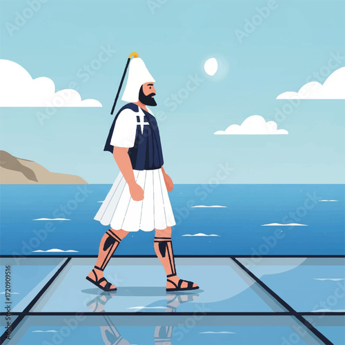 A stylized illustration of a Greek warrior walking along a reflective platform by the sea, with a coastal landscape in the background.