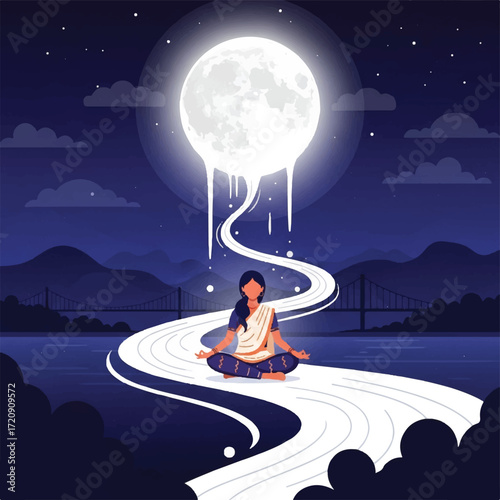 A woman in a sari sits in a lotus position, meditating on a path of moonlight flowing from a large, bright moon in a serene night landscape.