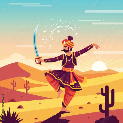 Illustration of a traditionally dressed man with a turban dancing in a desert landscape while holding a sword.