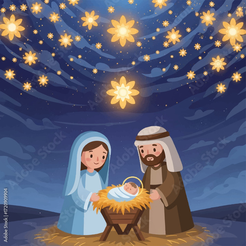 Nativity scene depicting Mary and Joseph watching over baby Jesus in a manger under a starry night sky.