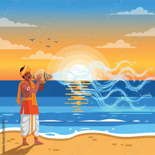 Man in traditional Indian attire blowing a conch shell on a beach at sunset, with stylized sound waves emanating from the shell.