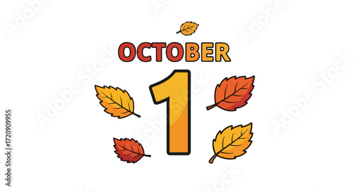 October first with autumnal foliage elements indicates the start of the seasonal month and changeover of environmental temperatures