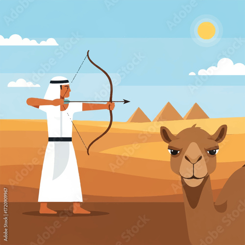 An Arab archer aims his bow and arrow at a camel in a desert landscape with pyramids.
