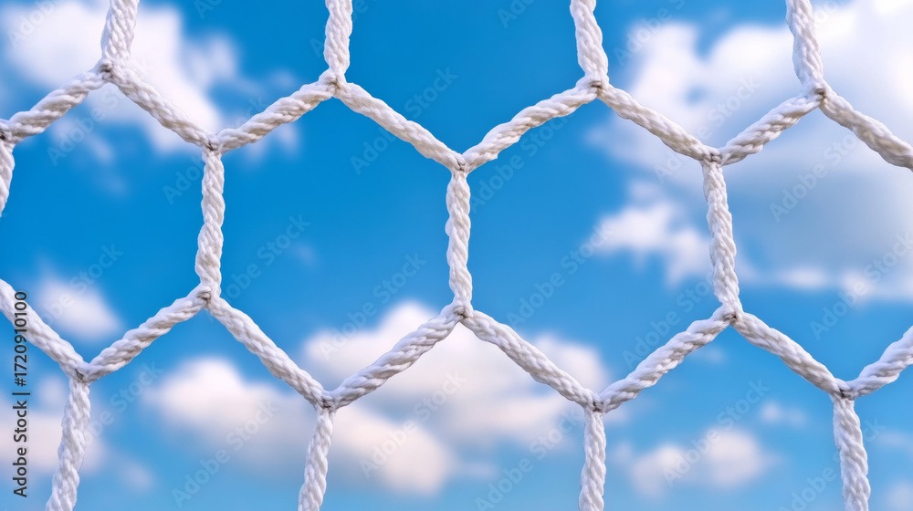 Fototapeta premium Close up of a soccer goal net against blue sky and fluffy clouds 