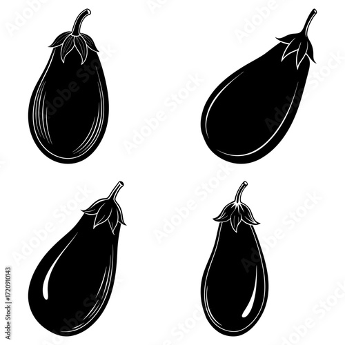 Four eggplant illustrations in black and white showing the vegetable from multiple angles and perspectives