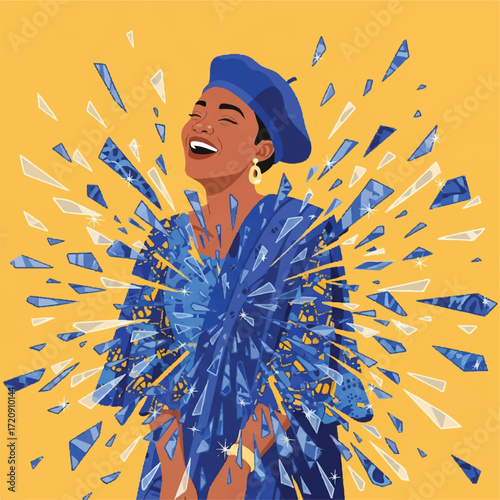 A smiling Black woman in a blue outfit and beret stands against a yellow background, surrounded by shards of blue glass emanating from her chest.