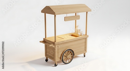 Minimalist Wooden Vending Cart with Blank Sign, Isolated on a Clean White Background for Mockup.