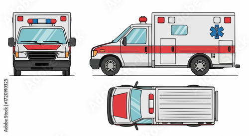 Emergency Ambulance Vehicle Illustration: Front, Side, and Top Views, Medical Transport