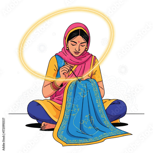 A woman in traditional Indian attire meticulously embroidering a vibrant textile.