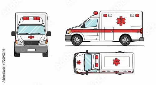 Emergency Ambulance Vehicle Illustration Side, Front, Top View, Medical Transport