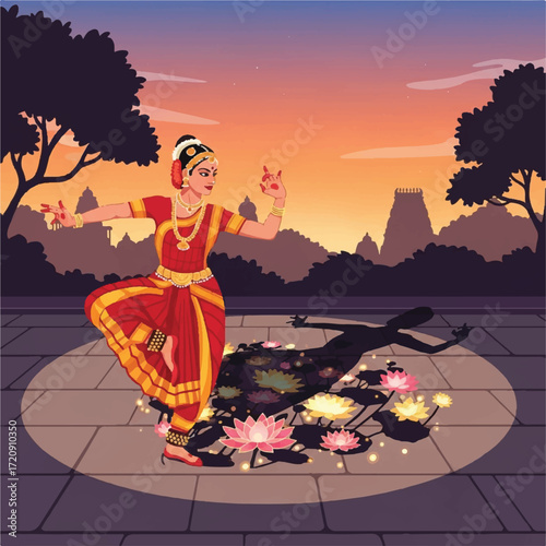 Indian classical dancer performing a graceful pose amidst lotus flowers, casting a shadow.