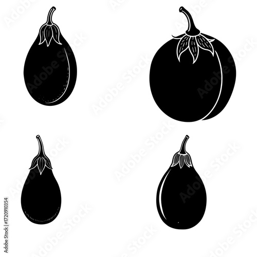 Four stylized eggplants in black and white with varying shapes and sizes on a white background