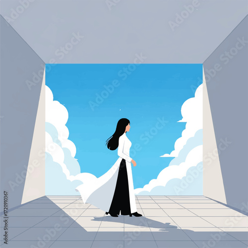 A stylized illustration of a woman in traditional Vietnamese attire, walking in a modern, minimalist interior space, overlooking a vibrant sky.