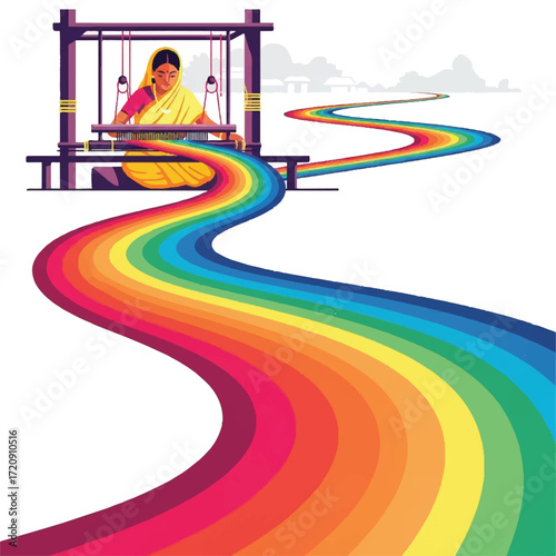 A woman weaves a vibrant rainbow-colored fabric on a loom, symbolizing creativity and diversity.