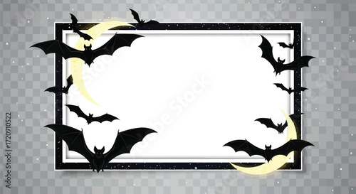 A halloween frame with bats and moons on a transparent background with a black border and white space