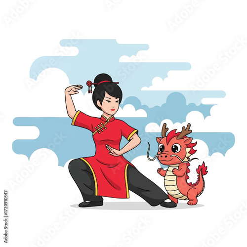 Cartoon woman in qi gong pose with a dragon, Asian inspired illustration.