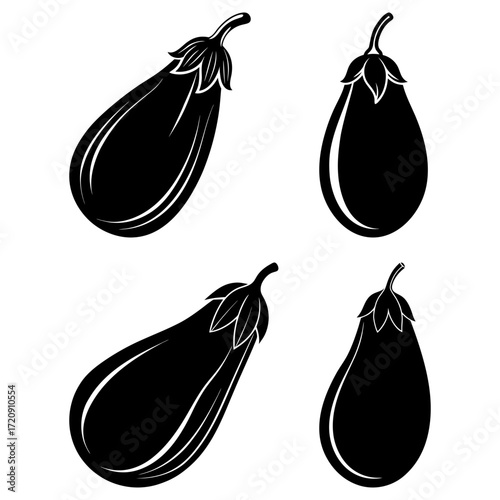 Four stylized black eggplant silhouettes with detailed calyxes on a white background illustration