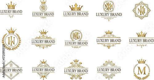 Collection of golden luxury brand logo designs with crowns and decorative elements on a white background