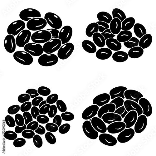 Illustration of four clusters of shiny black beans arranged on a white background in a simple style