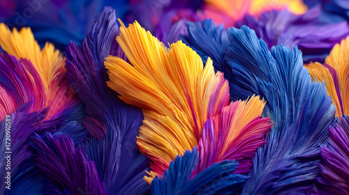 A colorful array of feathers with a mix of blue, yellow, and orange colors. The feathers are arranged in a way that creates a sense of movement and energy. The image conveys a feeling of freedom