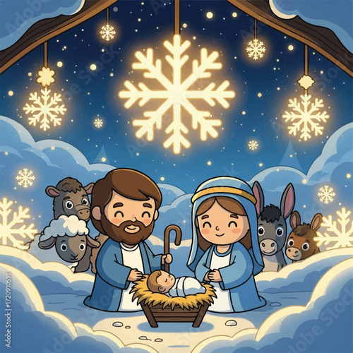 Cute cartoon depiction of the Holy Family in a snowy stable at Christmas.