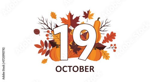 Autumnal Celebration: Vector Illustration of October 19th Amidst Fall Foliage and Pumpkins for Festive Designs