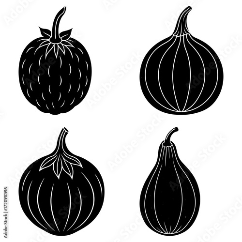 Illustration of four stylized black fruits including a strawberry and three fig like shapes isolated